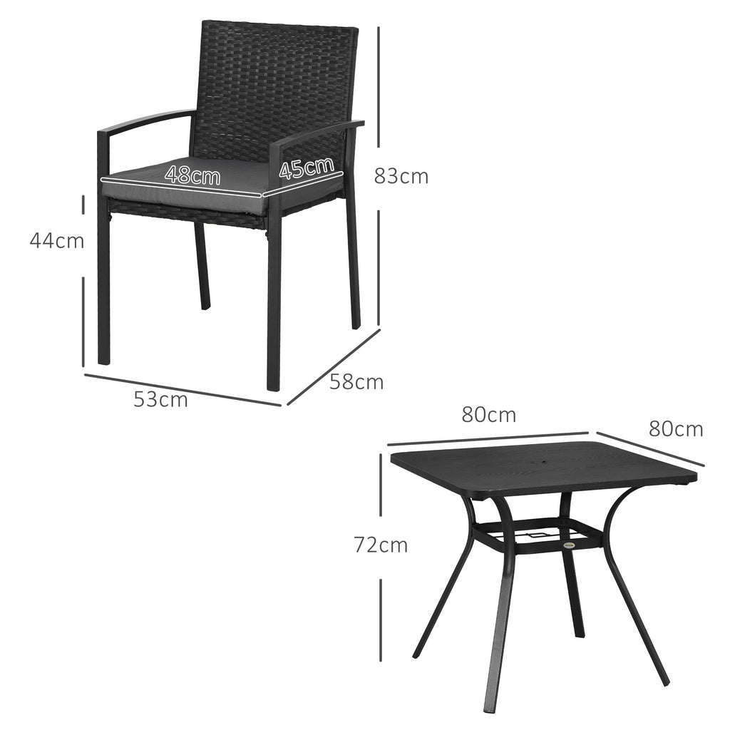4 Seater Rattan Dining Set with Cushions, Umbrella Hole & Metal Tabletop, Black