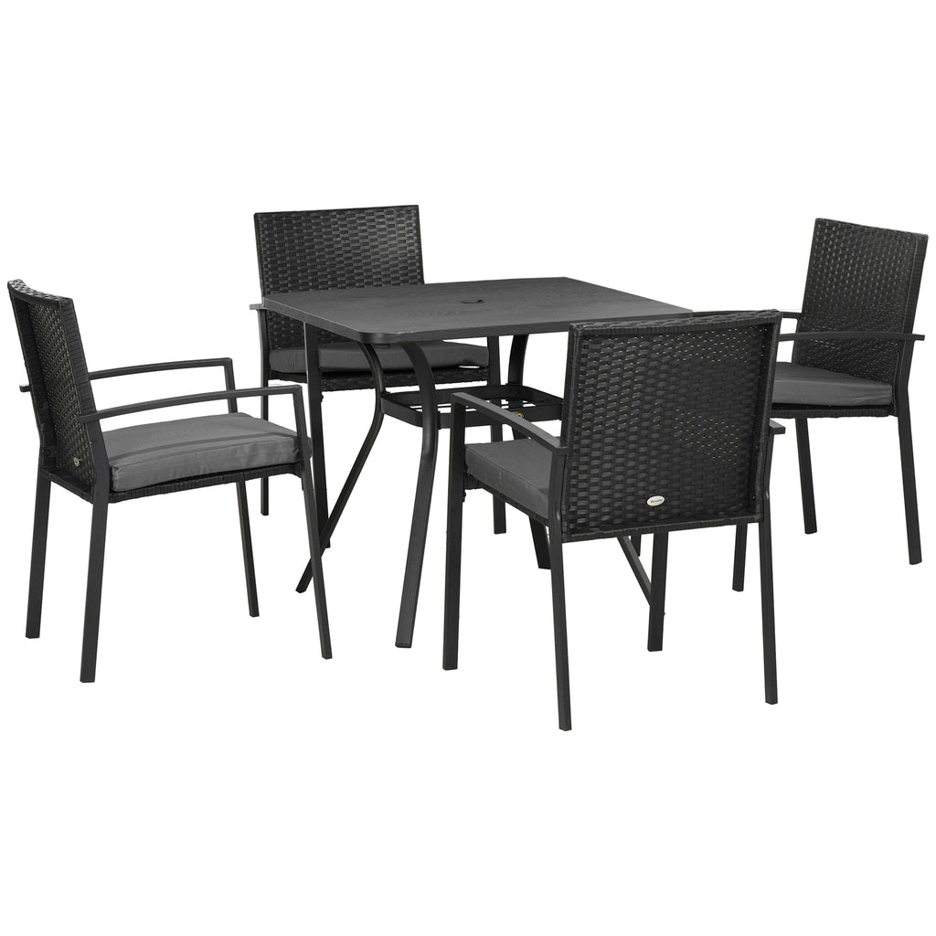 4 Seater Rattan Dining Set with Cushions, Umbrella Hole & Metal Tabletop, Black