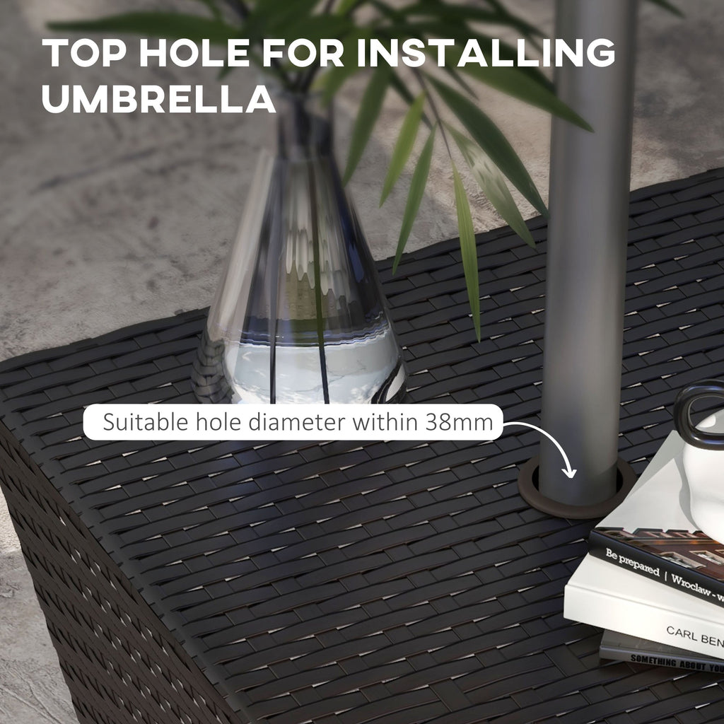 21.3" Square Rattan Wicker Side Table with Umbrella Hole & 2-Tier Storage, Dark Coffee