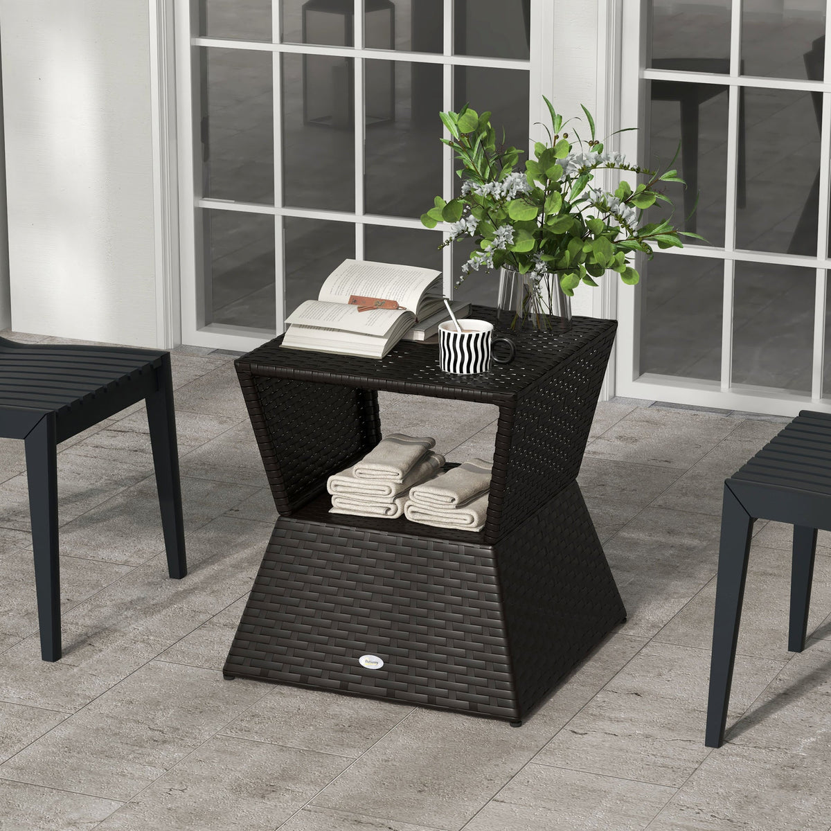 21.3" Square Rattan Wicker Side Table with Umbrella Hole & 2-Tier Storage, Dark Coffee