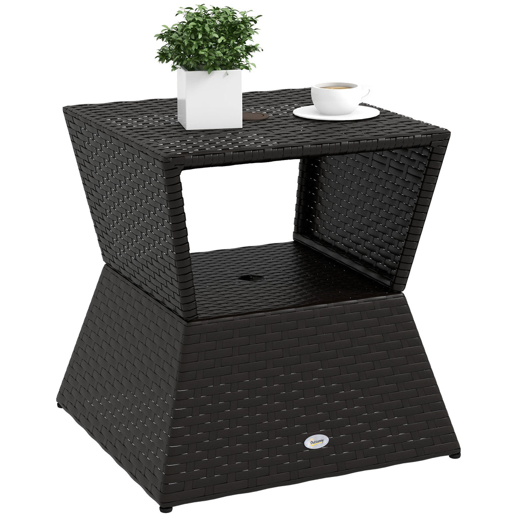 21.3" Square Rattan Wicker Side Table with Umbrella Hole & 2-Tier Storage, Dark Coffee