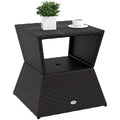 21.3" Square Rattan Wicker Side Table with Umbrella Hole & 2-Tier Storage, Dark Coffee