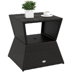 21.3" Square Rattan Wicker Side Table with Umbrella Hole & 2-Tier Storage, Dark Coffee