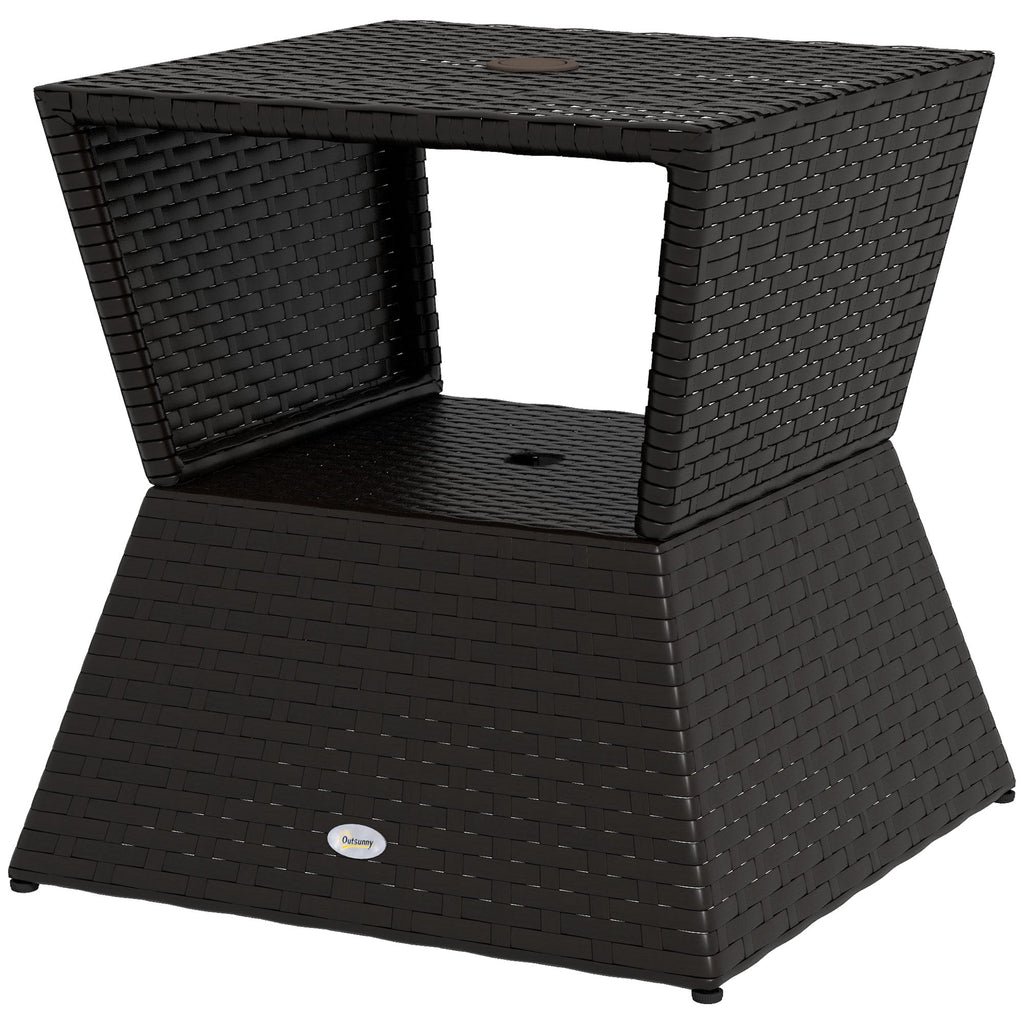 21.3" Square Rattan Wicker Side Table with Umbrella Hole & 2-Tier Storage, Dark Coffee