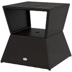 21.3" Square Rattan Wicker Side Table with Umbrella Hole & 2-Tier Storage, Dark Coffee