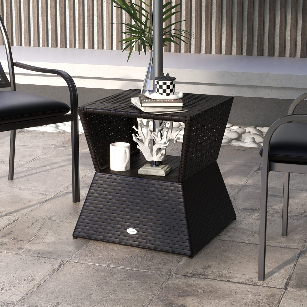 21.3" Square Rattan Wicker Side Table with Umbrella Hole & 2-Tier Storage, Dark Coffee