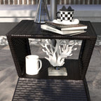 21.3" Square Rattan Wicker Side Table with Umbrella Hole & 2-Tier Storage, Dark Coffee