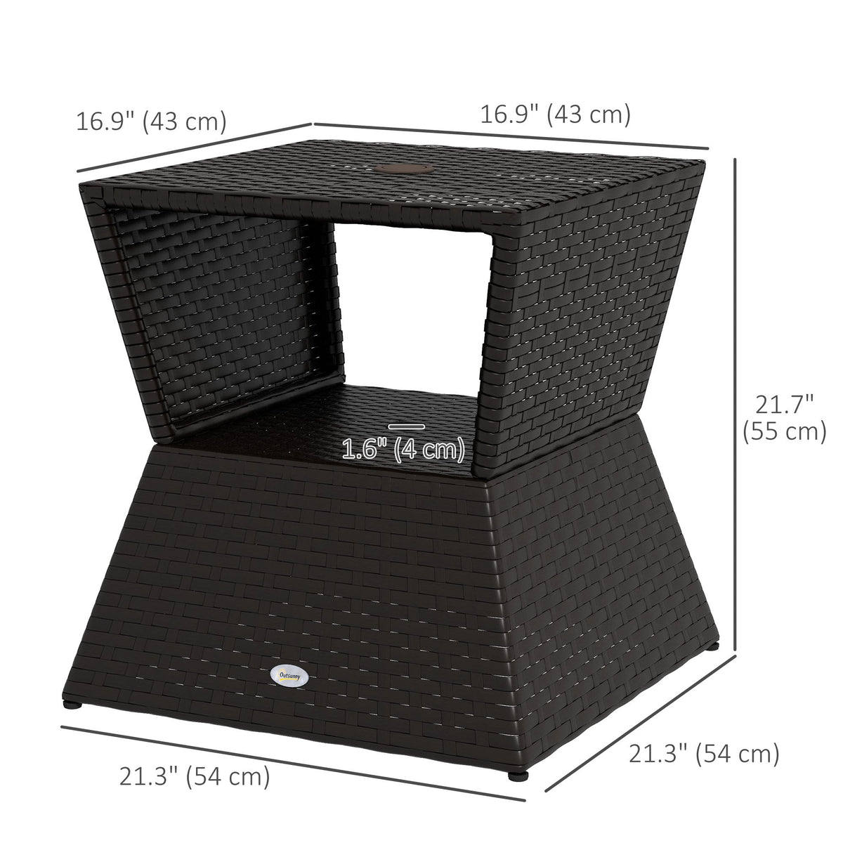 21.3" Square Rattan Wicker Side Table with Umbrella Hole & 2-Tier Storage, Dark Coffee