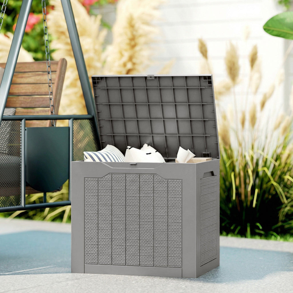 Outsunny 93L Plastic Garden Storage Box, Outdoor Storage Box with Handles, Waterproof Outdoor Storage Container, Khaki - Wise Galleria Storage Cabinets