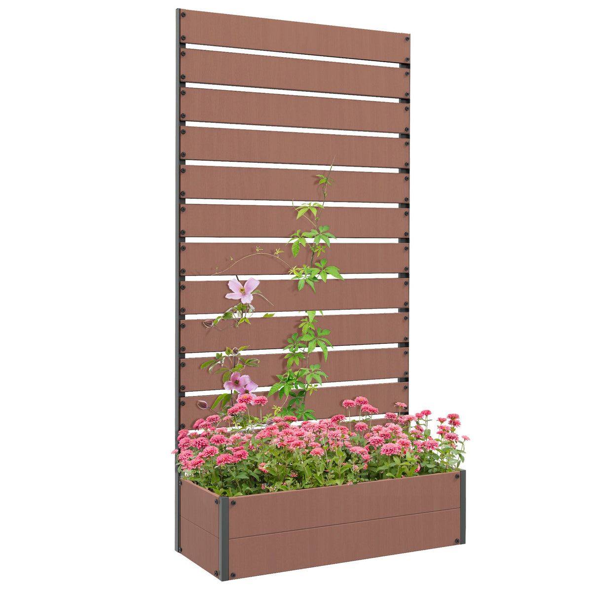 Raised Garden Bed with Trellis for Climbing Plants, Planter Box with Self Draining Gap, Freestanding Trellis Planter for Outdoor, Patio, Deck, 35.75" x 15" x 70.75", Light Brown