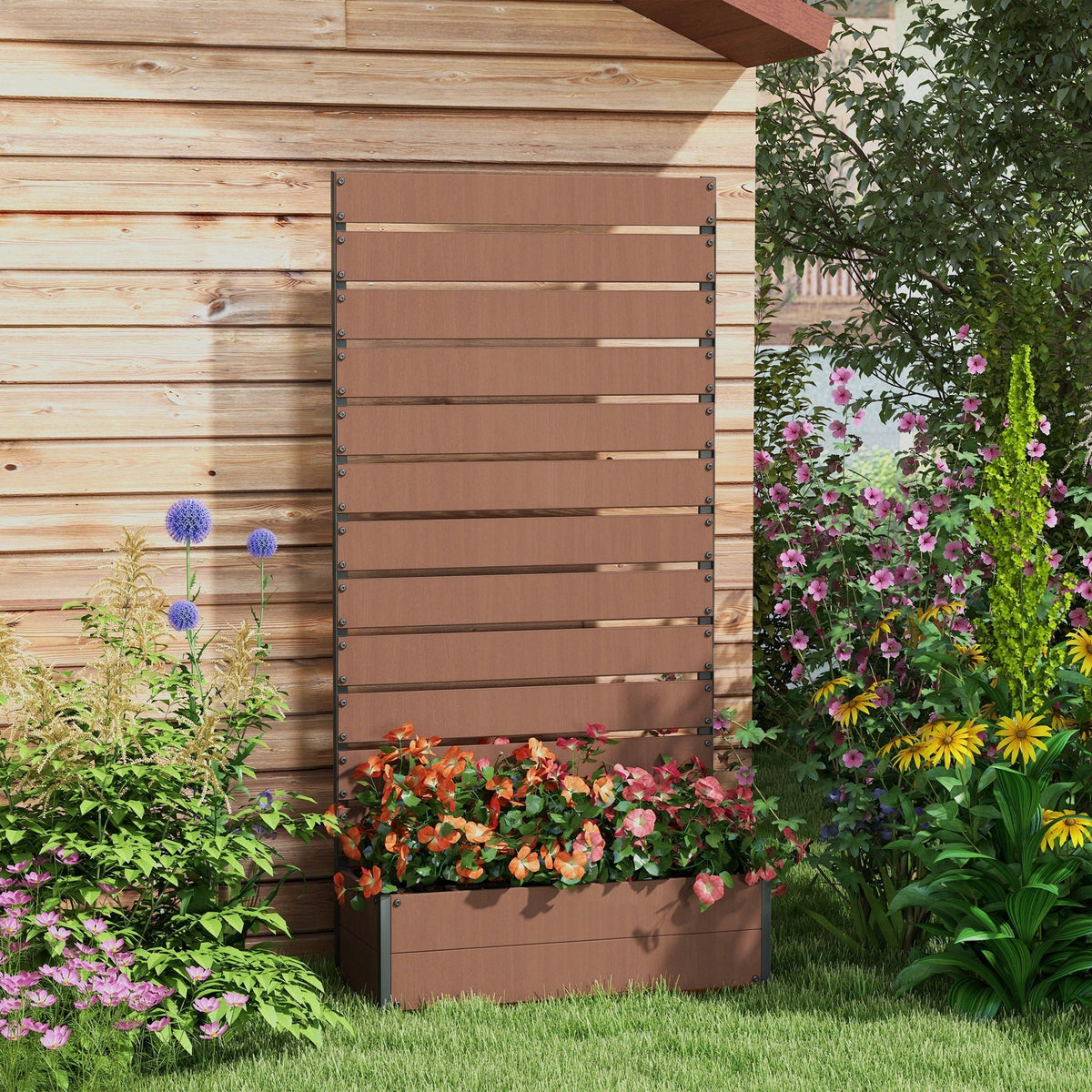Raised Garden Bed with Trellis for Climbing Plants, Planter Box with Self Draining Gap, Freestanding Trellis Planter for Outdoor, Patio, Deck, 35.75" x 15" x 70.75", Light Brown