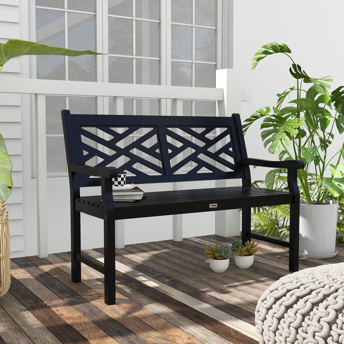 46" Outdoor Bench, 2 Seater Wooden Patio Loveseat with Slatted Frame and Armrests, Black