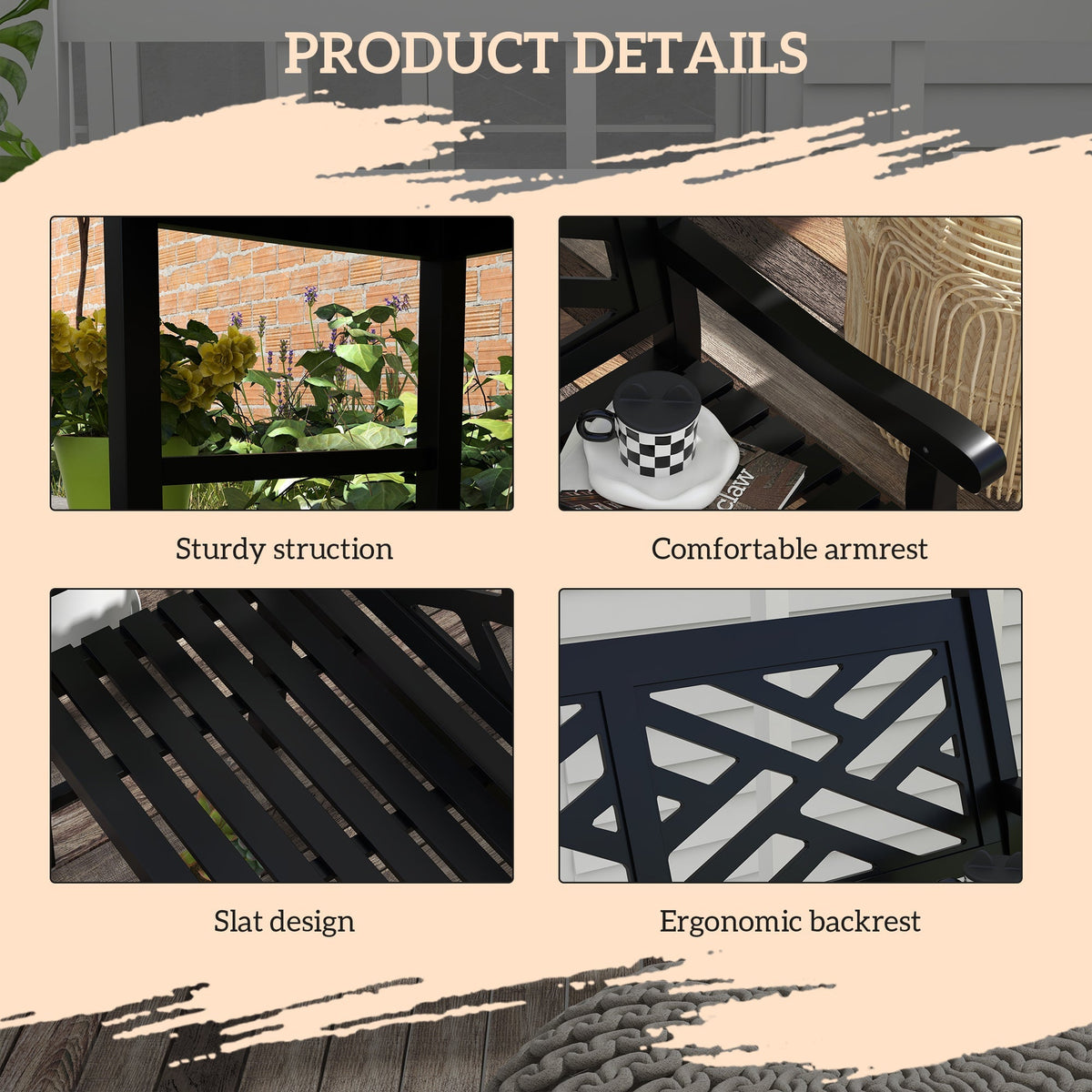 46" Outdoor Bench, 2 Seater Wooden Patio Loveseat with Slatted Frame and Armrests, Black