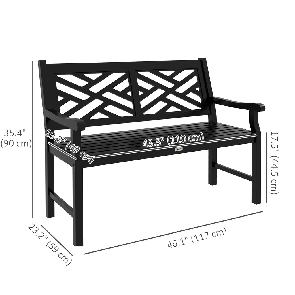 46" Outdoor Bench, 2 Seater Wooden Patio Loveseat with Slatted Frame and Armrests, Black