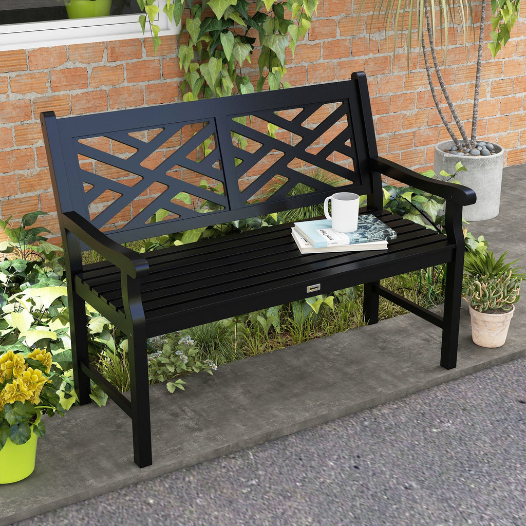 46" Outdoor Bench, 2 Seater Wooden Patio Loveseat with Slatted Frame and Armrests, Black