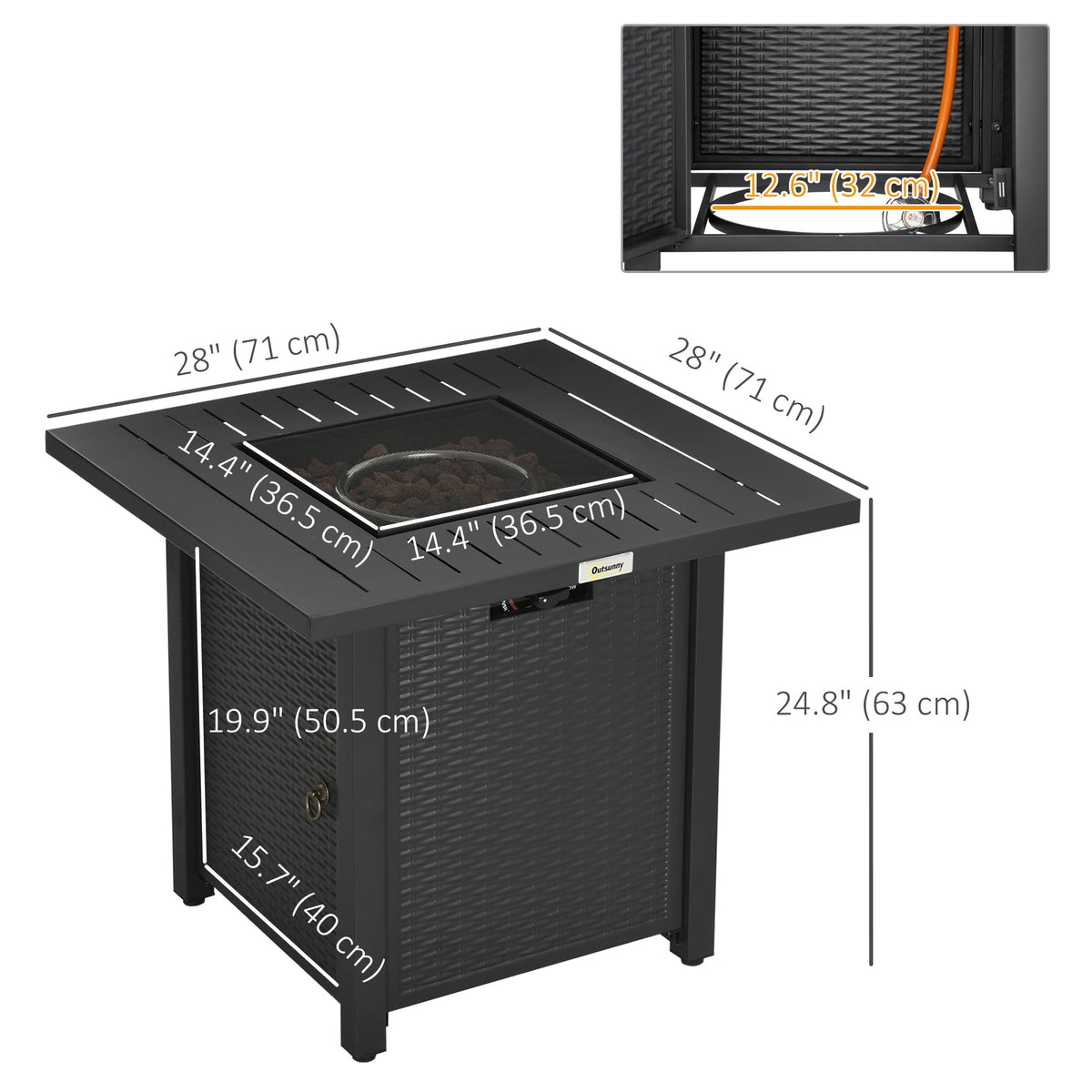 28" Rattan Propane Fire Pit Table with 40,000 BTU Burner, Square Gas Firepit, Black
