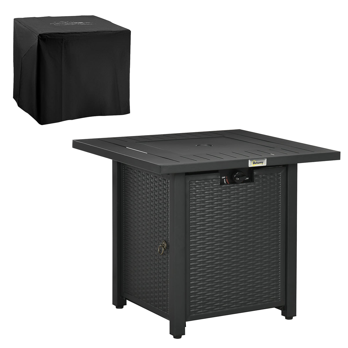 28" Rattan Propane Fire Pit Table with 40,000 BTU Burner, Square Gas Firepit, Black