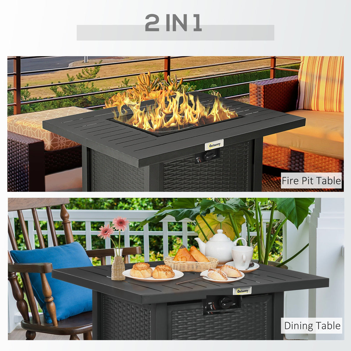 28" Rattan Propane Fire Pit Table with 40,000 BTU Burner, Square Gas Firepit, Black