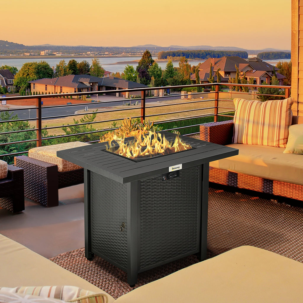 28" Rattan Propane Fire Pit Table with 40,000 BTU Burner, Square Gas Firepit, Black