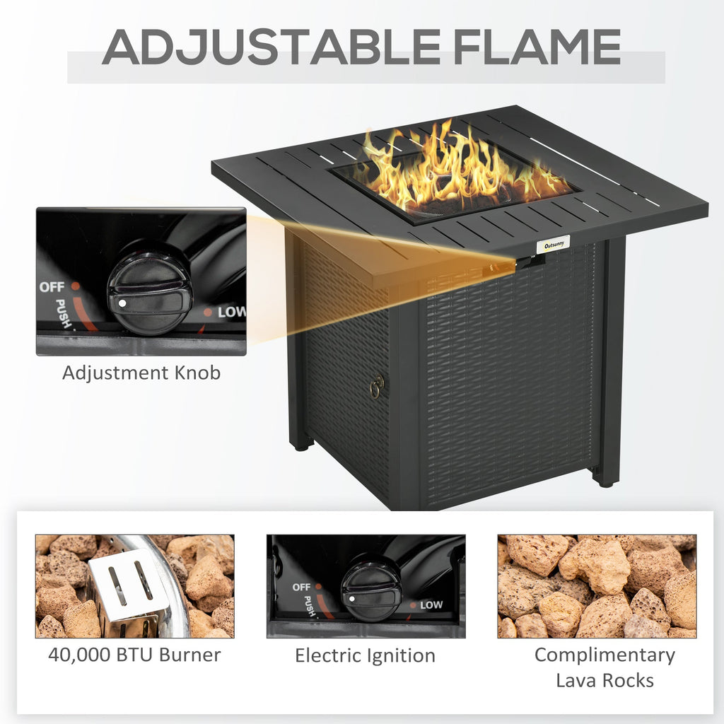 28" Rattan Propane Fire Pit Table with 40,000 BTU Burner, Square Gas Firepit, Black