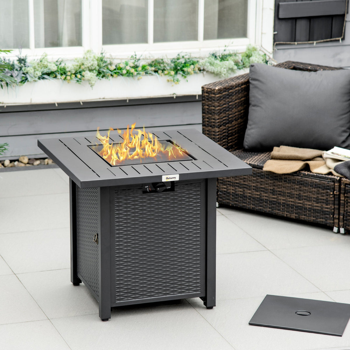 28" Rattan Propane Fire Pit Table with 40,000 BTU Burner, Square Gas Firepit, Black