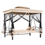 3 in 1 Canopy Gazebo Swing Chair w/ Sun Shade, Mesh Mosquito & Net for 3 Person, Beige