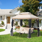 3 in 1 Canopy Gazebo Swing Chair w/ Sun Shade, Mesh Mosquito & Net for 3 Person, Beige