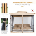 3 in 1 Canopy Gazebo Swing Chair w/ Sun Shade, Mesh Mosquito & Net for 3 Person, Beige