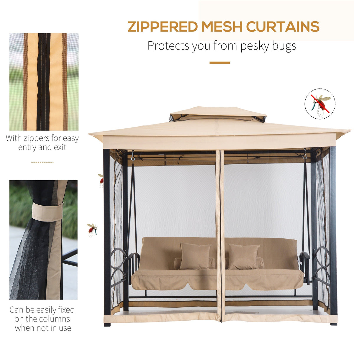 3 in 1 Canopy Gazebo Swing Chair w/ Sun Shade, Mesh Mosquito & Net for 3 Person, Beige