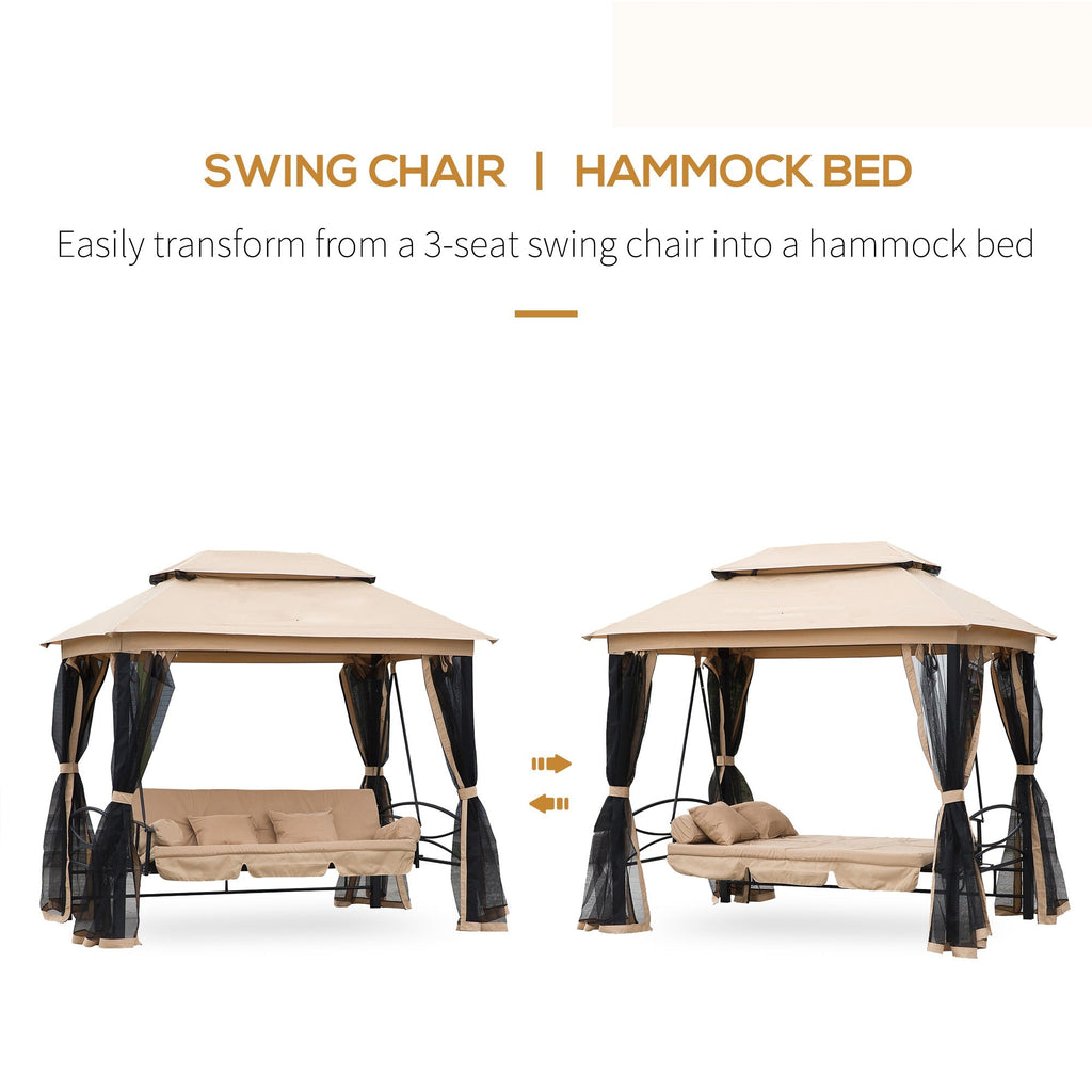 3 in 1 Canopy Gazebo Swing Chair w/ Sun Shade, Mesh Mosquito & Net for 3 Person, Beige