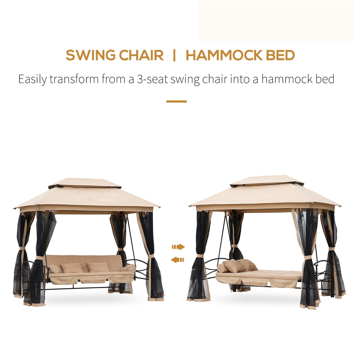 3 in 1 Canopy Gazebo Swing Chair w/ Sun Shade, Mesh Mosquito & Net for 3 Person, Beige