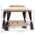 3 in 1 Canopy Gazebo Swing Chair w/ Sun Shade, Mesh Mosquito & Net for 3 Person, Beige