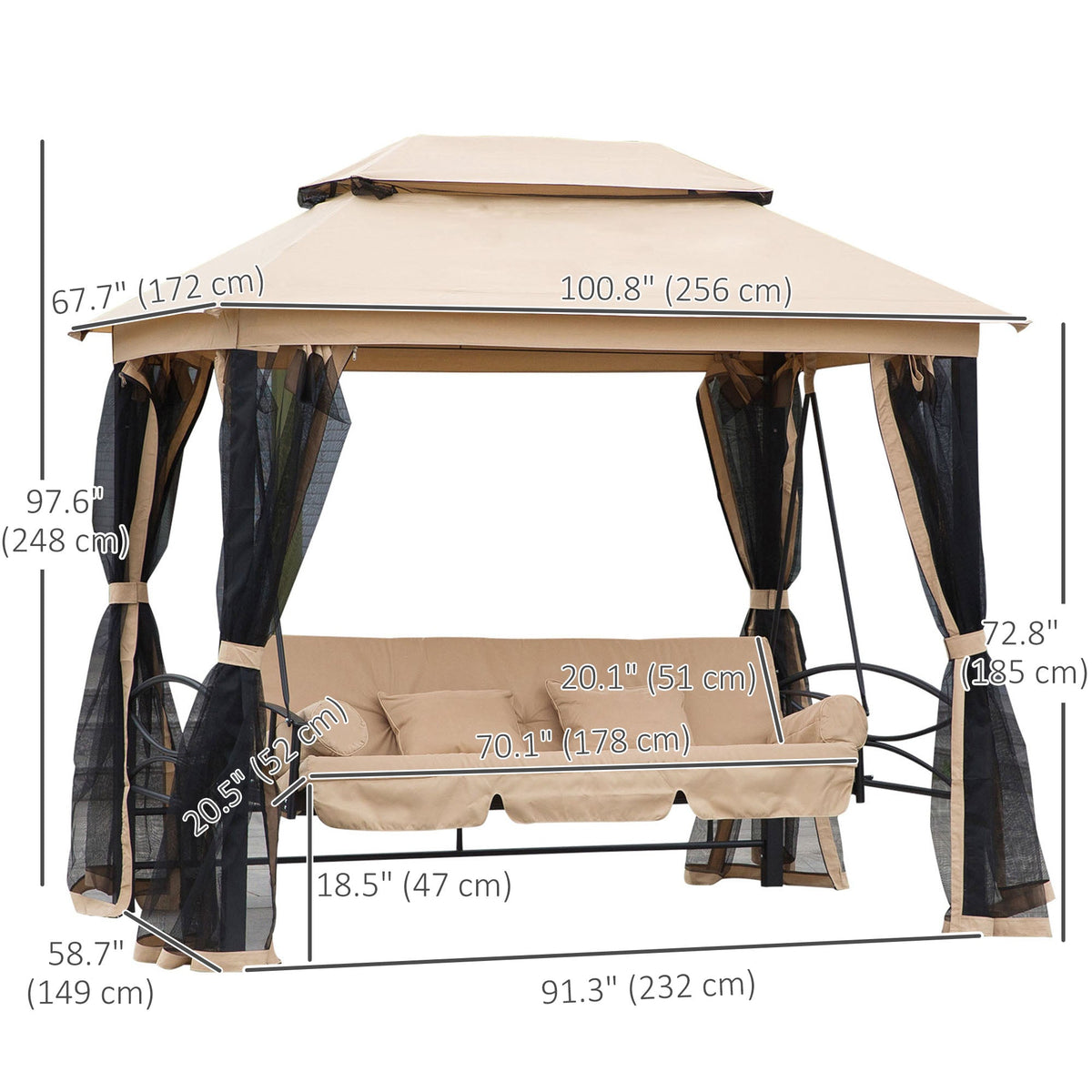 3 in 1 Canopy Gazebo Swing Chair w/ Sun Shade, Mesh Mosquito & Net for 3 Person, Beige