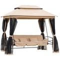 3 in 1 Canopy Gazebo Swing Chair w/ Sun Shade, Mesh Mosquito & Net for 3 Person, Beige