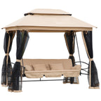 3 in 1 Canopy Gazebo Swing Chair w/ Sun Shade, Mesh Mosquito & Net for 3 Person, Beige