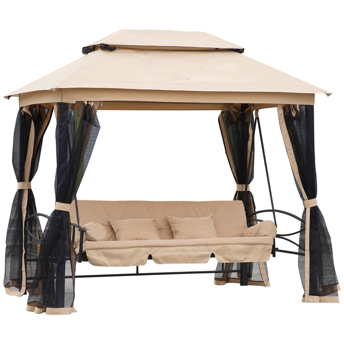 3 in 1 Canopy Gazebo Swing Chair w/ Sun Shade, Mesh Mosquito & Net for 3 Person, Beige