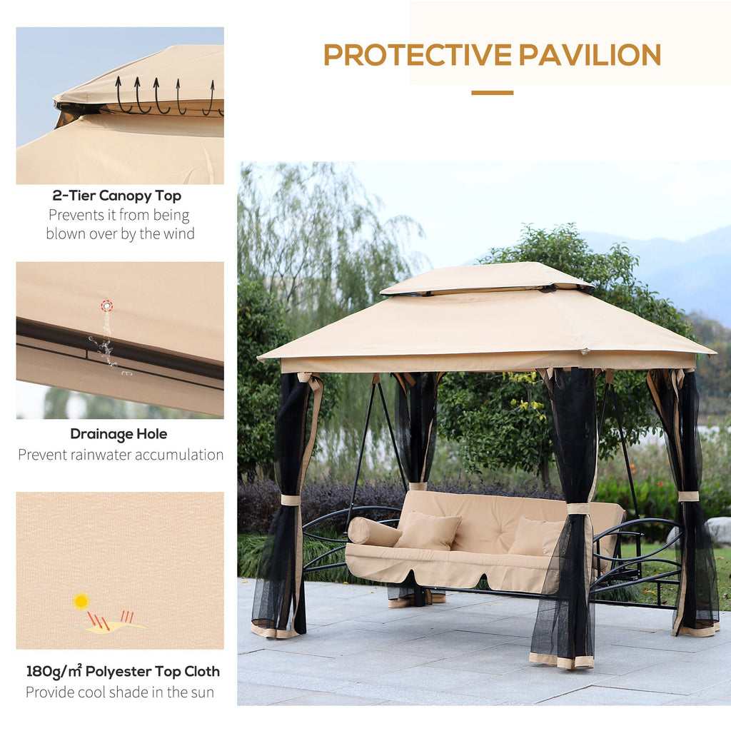 3 in 1 Canopy Gazebo Swing Chair w/ Sun Shade, Mesh Mosquito & Net for 3 Person, Beige
