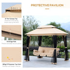 3 in 1 Canopy Gazebo Swing Chair w/ Sun Shade, Mesh Mosquito & Net for 3 Person, Beige