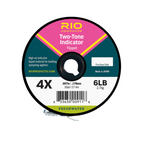 Rio Two-Tone Indicator Tippet spool displaying 4X tapered fishing tippet in bright two-tone colors, 6LB test strength, 30-yard length, designed for freshwater fly fishing and nymphing.