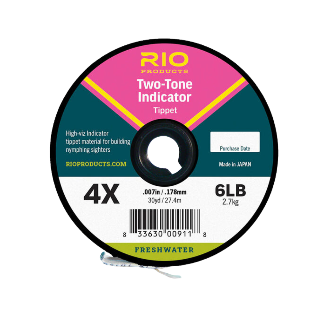 Rio Two-Tone Indicator Tippet spool displaying 4X tapered fishing tippet in bright two-tone colors, 6LB test strength, 30-yard length, designed for freshwater fly fishing and nymphing.