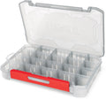 Clear plastic storage box with red latch, divided into multiple compartments for organizing fishing tackle, shown open to display interior, Rapala RapStack Tackle Trays.