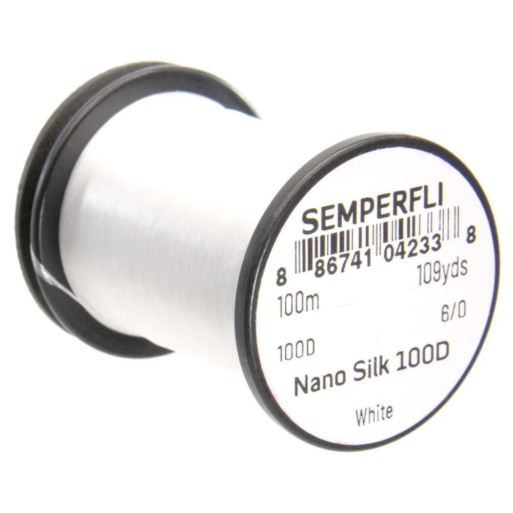 Semperfli Nano Silk 100D Thread spool in white, showing fine, smooth fishing thread ideal for detailed fly tying and fishing tackle applications.