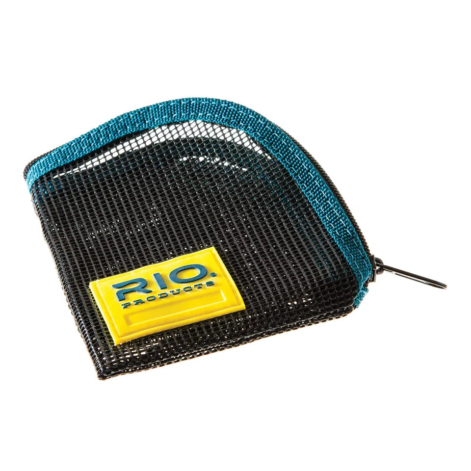 Small black mesh zippered pouch with teal trim and yellow logo patch, designed for organizing fishing tackle, identified as the Rio Head wallet.