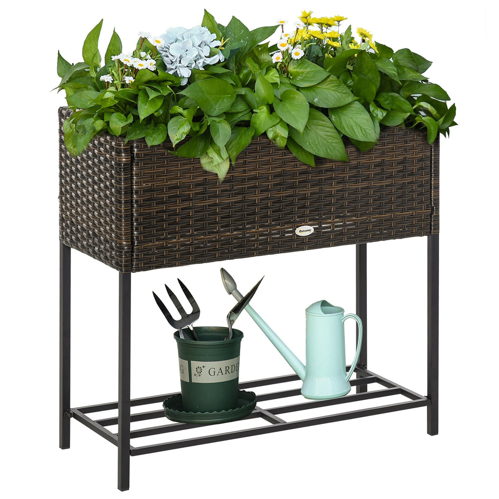PE Rattan Raised Planter Bed with Tool Storage Shelf for Plants, Flowers, Herbs, Brown