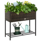 PE Rattan Raised Planter Bed with Tool Storage Shelf for Plants, Flowers, Herbs, Brown