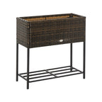 Modern Elevated Metal Garden Bed with Rattan Look & Storage, Brown