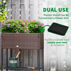 PE Rattan Raised Planter Bed with Tool Storage Shelf for Plants, Flowers, Herbs, Brown