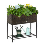 Modern Elevated Metal Garden Bed with Rattan Look & Storage, Brown