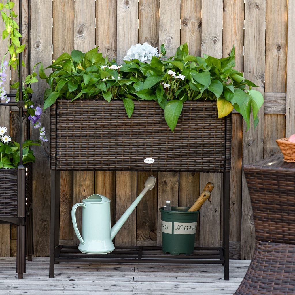 Modern Elevated Metal Garden Bed with Rattan Look & Storage, Brown