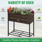 PE Rattan Raised Planter Bed with Tool Storage Shelf for Plants, Flowers, Herbs, Brown